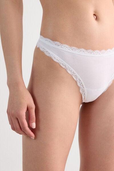 White Cotton And Lace Brazilian Briefs, White, large image number 5