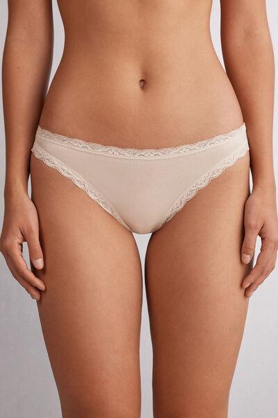 Cream Cotton And Lace Brazilian Briefs, , medium