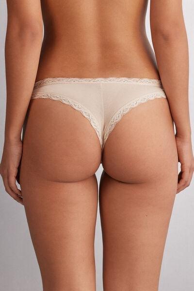 Cream Cotton And Lace Brazilian Briefs, , large image number 3