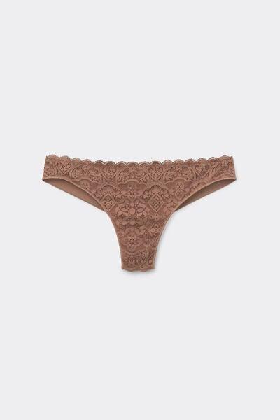 Beige Lace And Microfibre Brazilian Briefs, Brown Mocha, large image number 3