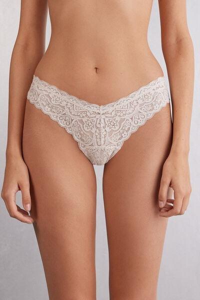 Cream 80S-Style Lace Brazilian Briefs, Silk, large image number 0
