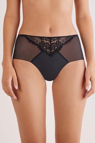 black Sheer Glamour High-Waisted Brazilian Briefs, Black, medium