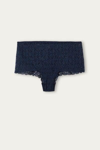 Navy Geometric-Detail Lace French Knickers, Intense Blue, large image number 3
