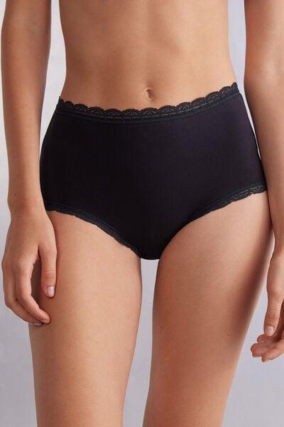 Black High-Waisted Cotton And Lace French Knickers, Black, large image number 1