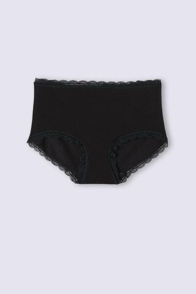 Black High-Waisted Cotton And Lace French Knickers, , large image number 2