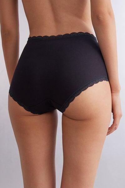 Black High-Waisted Cotton And Lace French Knickers, Black, large image number 2