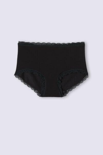 Black High-Waisted Cotton And Lace French Knickers, Black, large image number 3