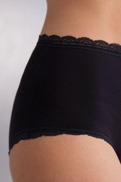 Black High-Waisted Cotton And Lace French Knickers, Black, large image number 5