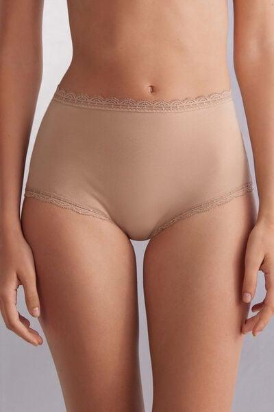 Beige High-Waisted Cotton And Lace French Knickers, Soft Beige, medium