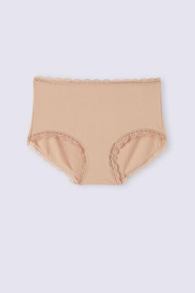 Beige High-Waisted Cotton And Lace French Knickers, Soft Beige, medium