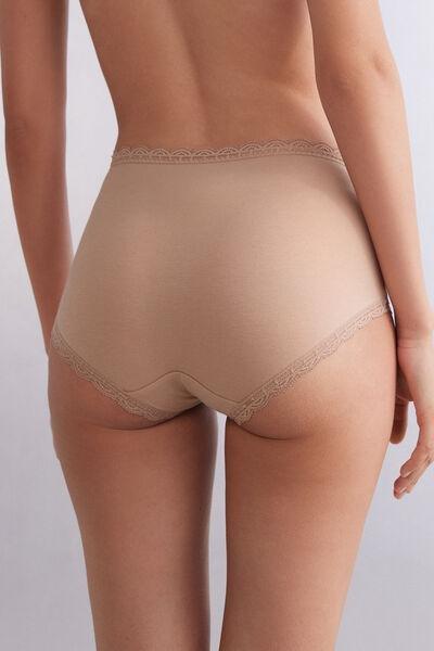 Beige High-Waisted Cotton And Lace French Knickers, , large image number 3