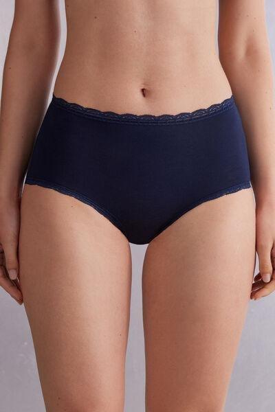 Blue High-Waisted Cotton And Lace French Knickers, , large image number 0