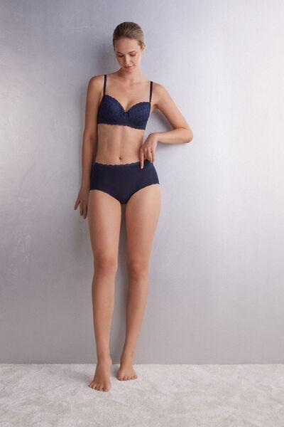 Blue High-Waisted Cotton And Lace French Knickers, , large image number 1