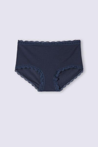 Blue High-Waisted Cotton And Lace French Knickers, , large image number 2