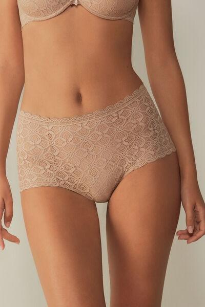 Beige High-Rise Lace French Knickers, , large image number 0