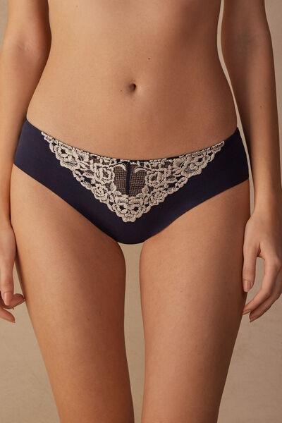 Navy Lace-Detailed Raw-Cut Briefs, , large image number 0