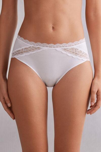 White Semi-High Cotton And Lace Waistband Knickers, White, large image number 0