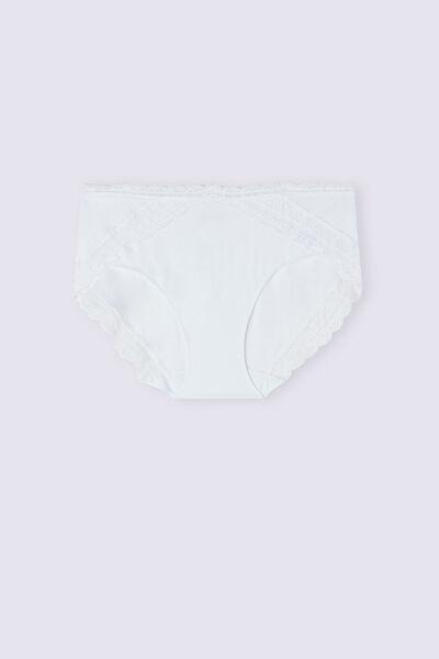 White Semi-High Cotton And Lace Waistband Knickers, White, large image number 2
