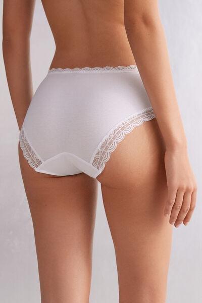 White Semi-High Cotton And Lace Waistband Knickers, White, large image number 3