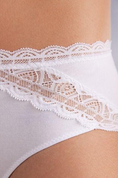 White Semi-High Cotton And Lace Waistband Knickers, White, large image number 5