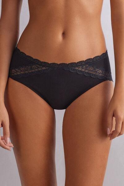 Intimissimi - Black Semi-High Cotton And Lace Waistband Knickers