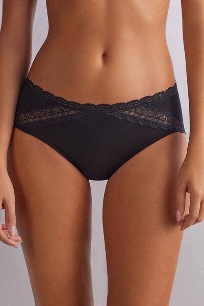Black Semi-High Cotton And Lace Waistband Knickers, , large image number 0