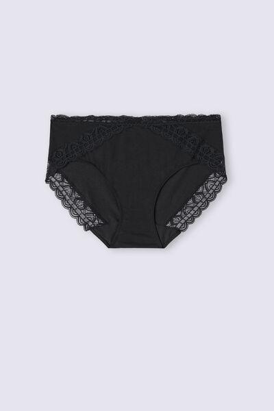 Intimissimi - Black Semi-High Cotton And Lace Waistband Knickers