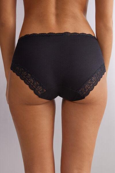 Black Semi-High Cotton And Lace Waistband Knickers, , large image number 3