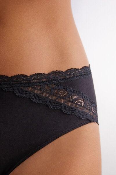 Black Semi-High Cotton And Lace Waistband Knickers, Black, large image number 5