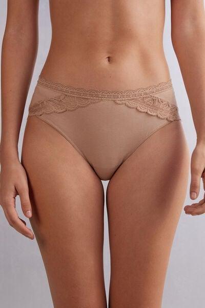 Beige Semi-High Cotton And Lace Waistband Knickers, Soft Beige, large image number 1