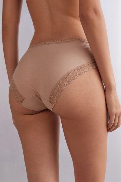 Beige Semi-High Cotton And Lace Waistband Knickers, Soft Beige, large image number 2