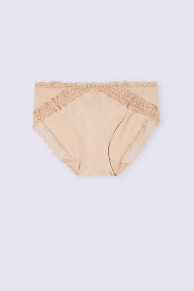 Beige Semi-High Cotton And Lace Waistband Knickers, Soft Beige, large image number 3