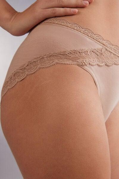 Beige Semi-High Cotton And Lace Waistband Knickers, Soft Beige, large image number 5