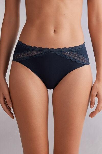 Blue Semi-High Cotton And Lace Waistband Knickers, , large image number 0