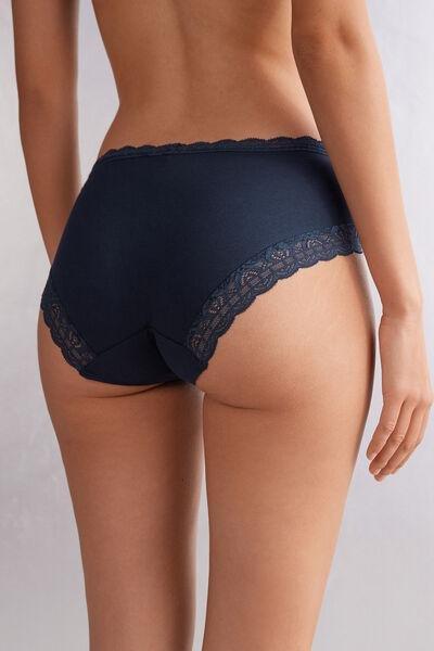 Blue Semi-High Cotton And Lace Waistband Knickers, , large image number 3