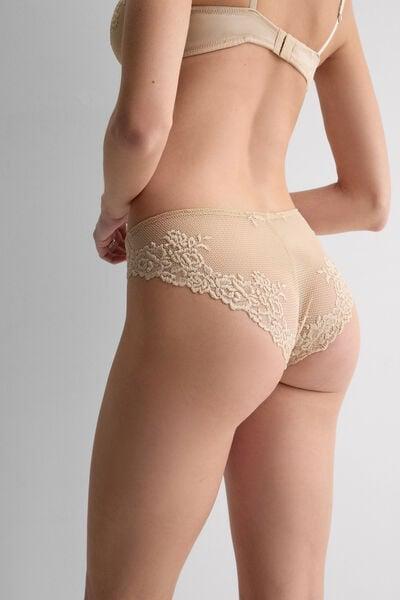 Beige Silky Flowers Silk And Lace Knickers, 5601_447J, medium