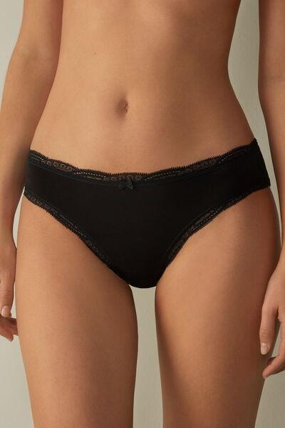 Black Cotton And Lace Briefs, Women, , large image number 1