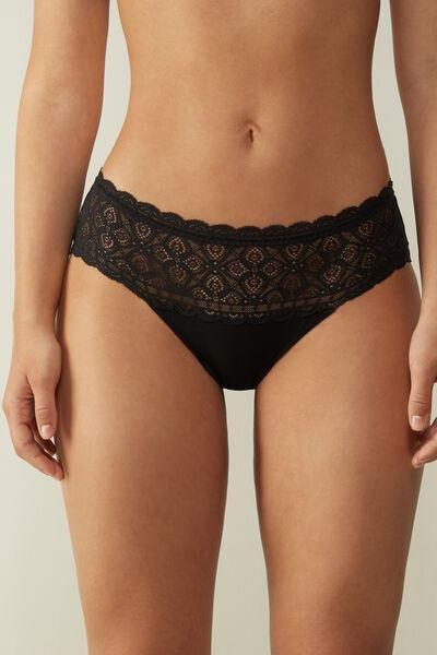 Black High-Rise Briefs In Lace And Cotton, , large image number 0