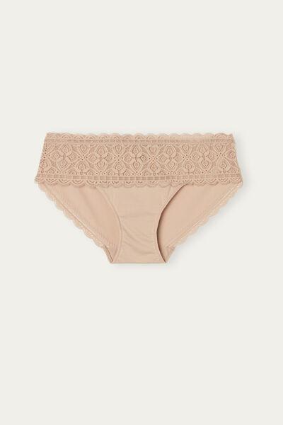 Beige High-Rise Briefs In Lace And Cotton, Soft Beige, large image number 5