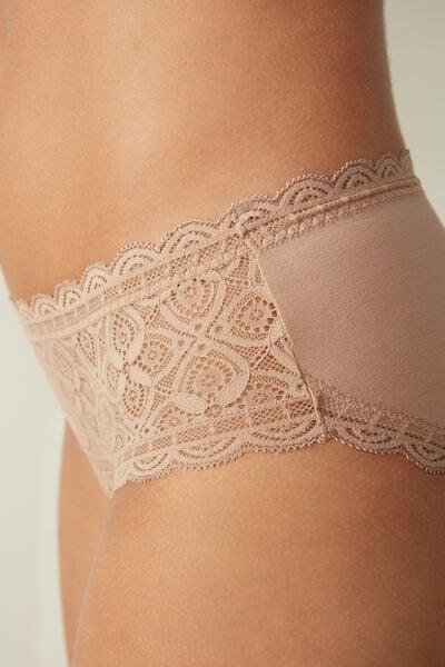 Beige High-Rise Briefs In Lace And Cotton, Soft Beige, large image number 9