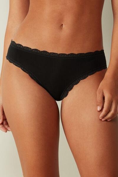 Black Cotton And Lace Briefs, , large image number 0