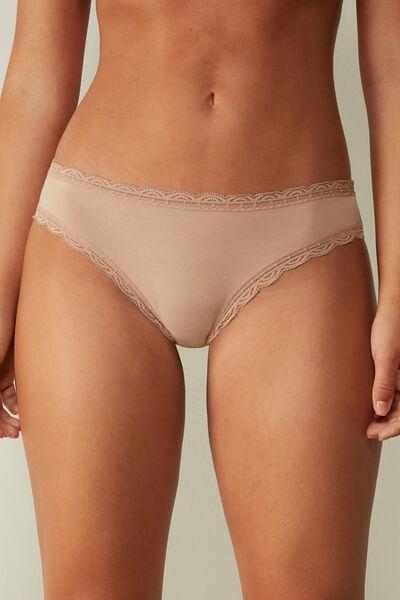Beige Cotton And Lace Briefs, , large image number 0