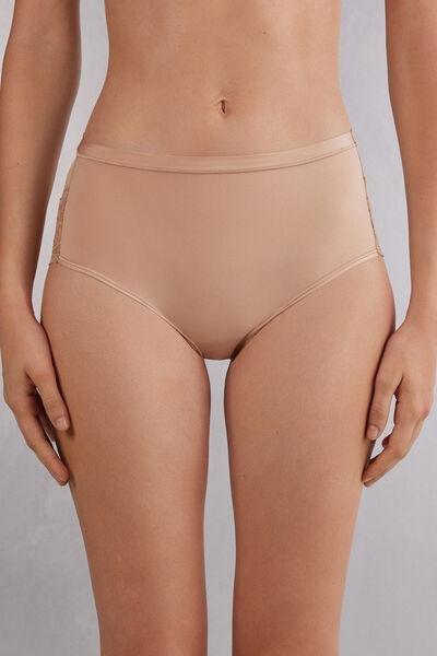 HONEY SOFT BEIGE Ultralight Microfibre and Lace High-Waisted Briefs, , large image number 0