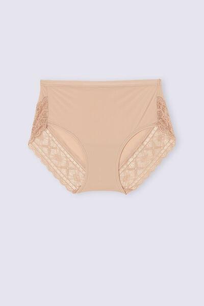 HONEY SOFT BEIGE Ultralight Microfibre and Lace High-Waisted Briefs, , large image number 2