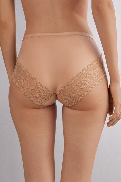 HONEY SOFT BEIGE Ultralight Microfibre and Lace High-Waisted Briefs, , large image number 3