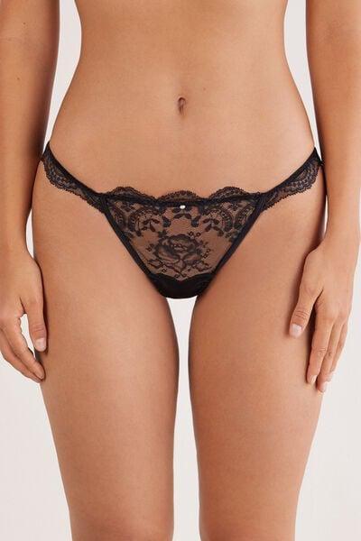 Black La Vie En Rose Side Strap Lace Thong, Black, medium