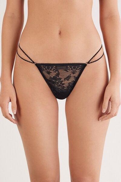 Black La Femme Fatale Side Straps Lace Thong, Black, medium