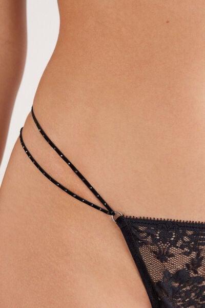 Black La Femme Fatale Side Straps Lace Thong, Black, large image number 5