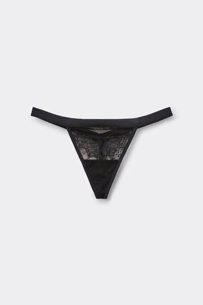 Black Playful Glamour Side Straps Lace Thong, Black, large image number 3