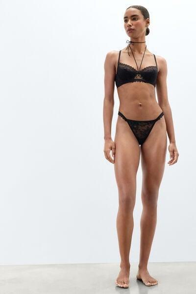 Black Tempting Treat Side Straps Thong, Black, medium